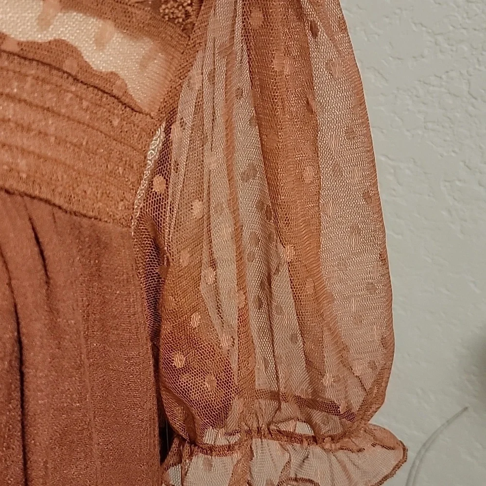 Sweet Wanderer Rust Mini Dress with Sheer Puff Sleeves